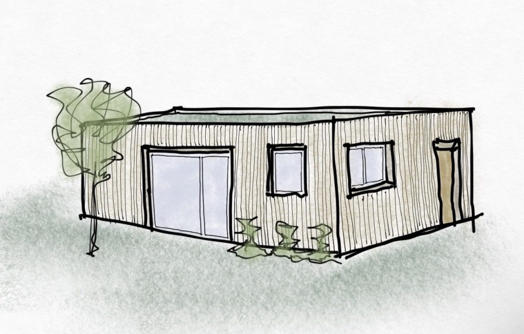 Tiny House 40m2 Außenansicht 3D Handskizze