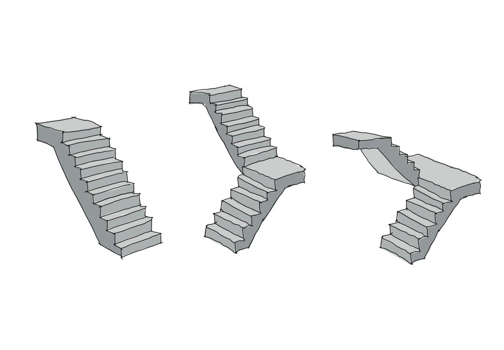 3 Treppe in 3D Form skizziert, Platzbedarf Treppe