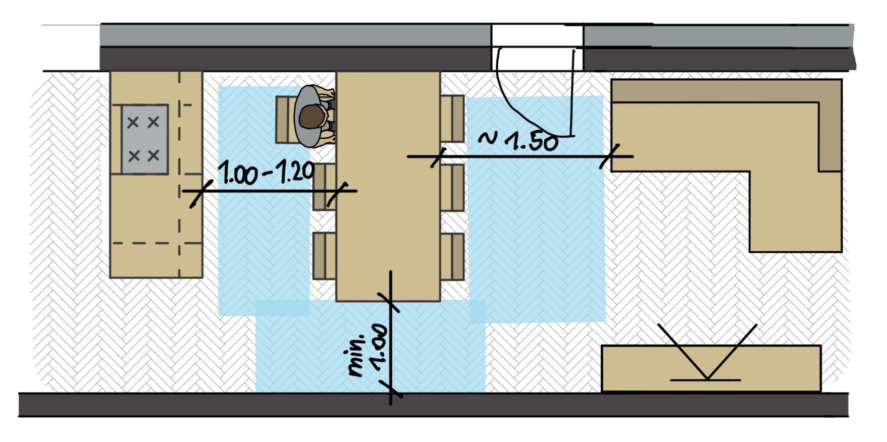 Wie viel Platz braucht ein Esstisch? Darstellung Esstisch zwischen Kücheninsel und Sofa, mit Bewegungsflächen 
